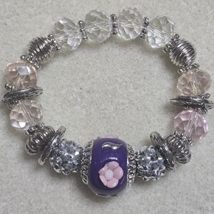 Sparkling Purple Floral Bead Stretch Bracelet with Pink & Clear Accents